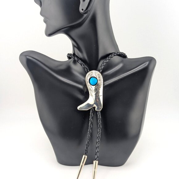 Navajo Kingman Turquoise Bolo Tie Leather Sterling Silver Southwest Accessory ** - Picture 1 of 10